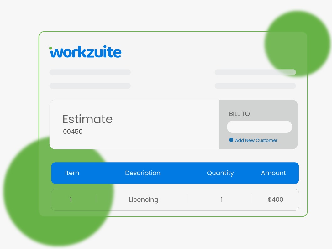 Workzuite estimate creation screen