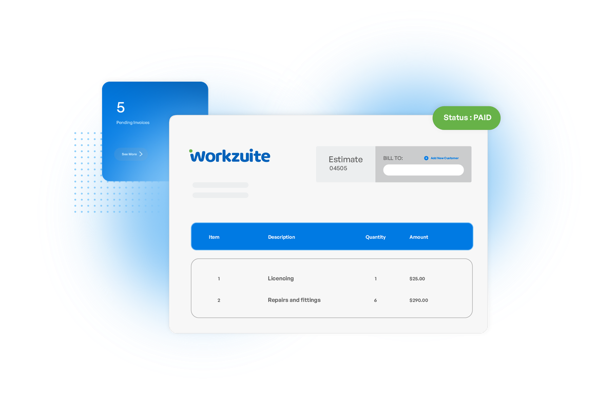 Workzuite invoice creation screen with branded template and payment options
