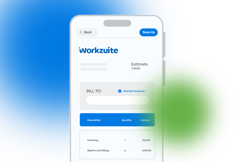 Workzuite mobile app on iOS and Android showing invoice and project screens
