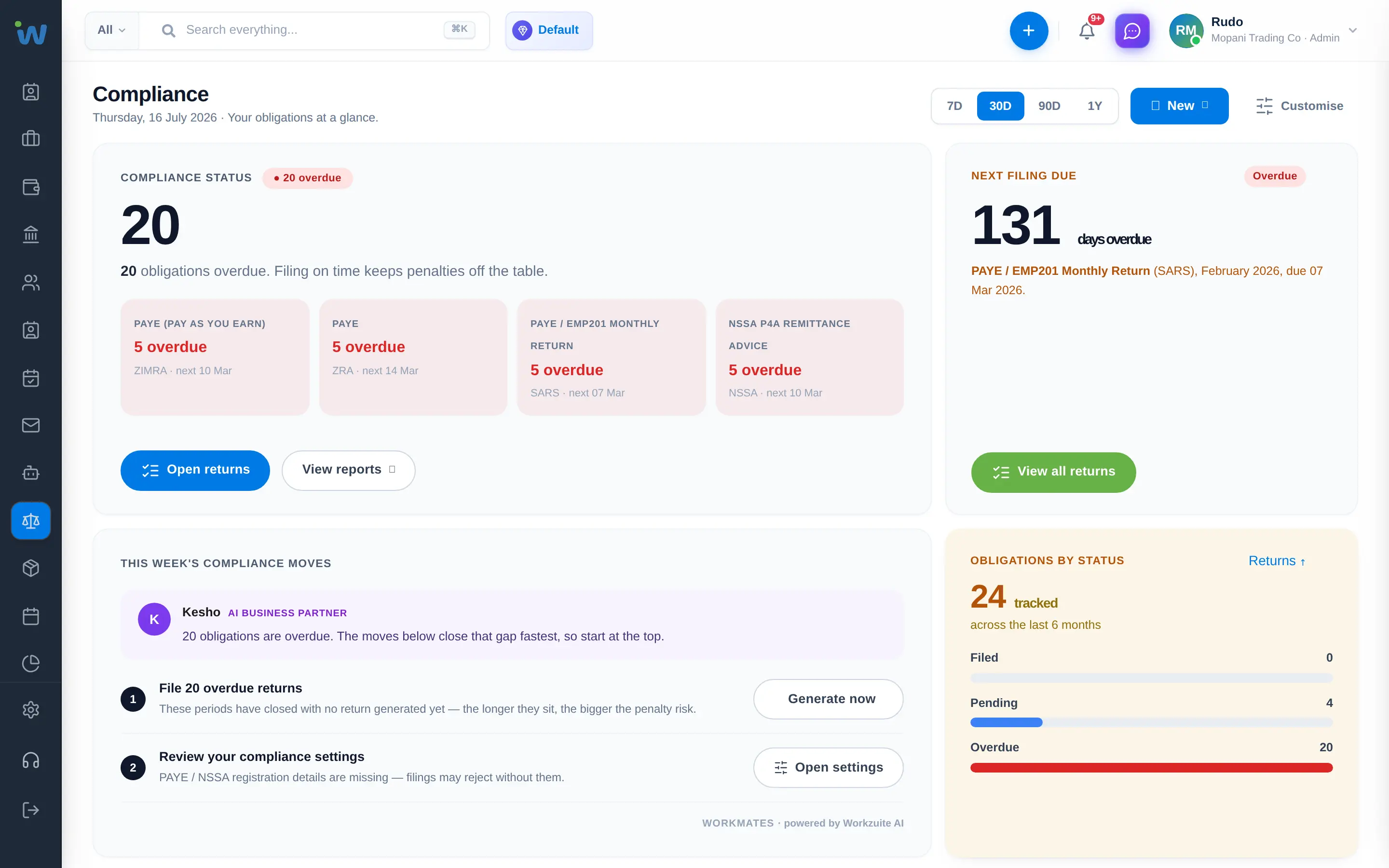 Workzuite Comply dashboard showing fiscalisation status and a live filing calendar