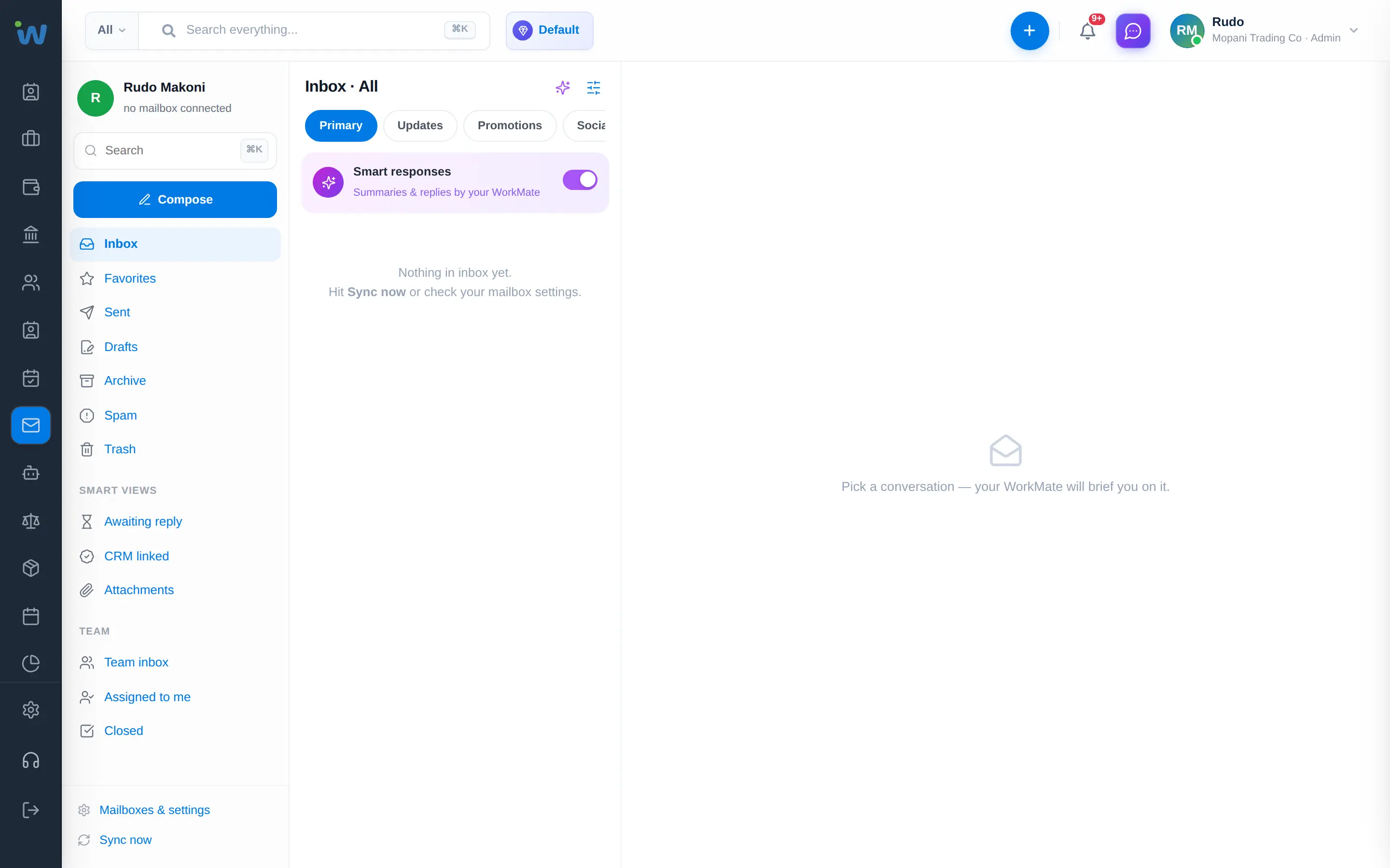 Workzuite Workmail three-pane inbox with an AI thread summary