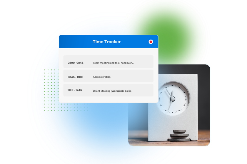 Workzuite time tracking interface showing a running timer and timesheet entries